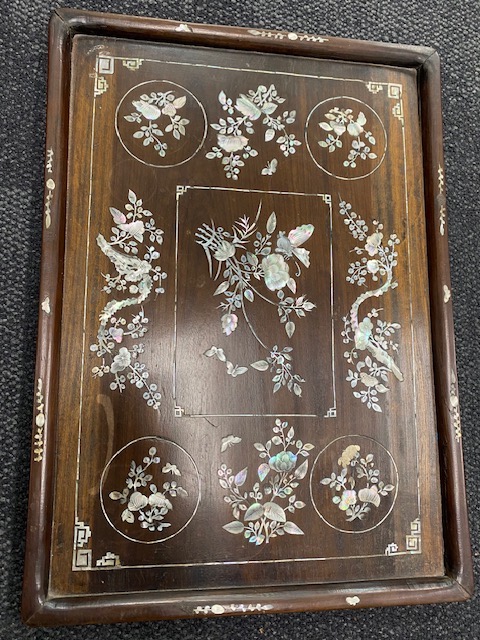 A Chinese huang huali and mother of pearl inlaid tray - Image 2 of 3