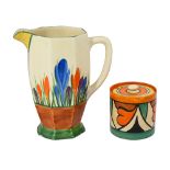 A Clarice Cliff Bizarre 'Double V' preserve pot and a Bizarre Crocus jug