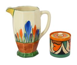 A Clarice Cliff Bizarre 'Double V' preserve pot and a Bizarre Crocus jug