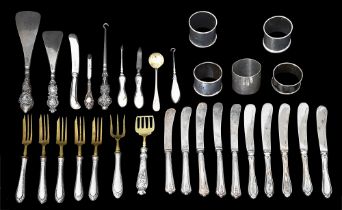 A George V set of five silver handled butter knives, and other items, (qty)