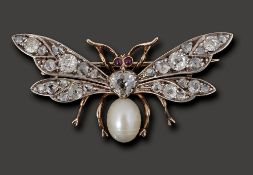 A mid Victorian pearl and diamond-set insect brooch