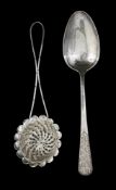 A Chinese export silver tablespoon and a tea strainer