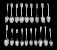 A set of eight Victorian teaspoons and eleven silver examples