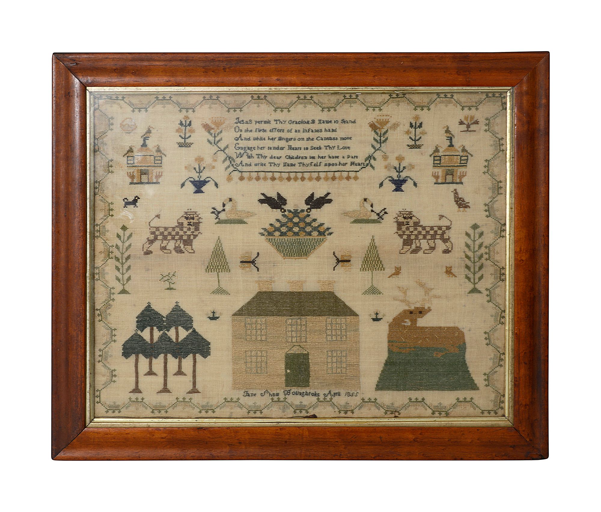 A Victorian needlework sampler, by Jane Shaw Bollingbroke, dated 1855