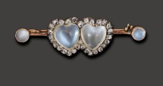 A mid Victorian sentimental moonstone and diamond-set bar brooch