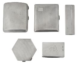 An engine turned silver cigarette case, a powder compact, other silver