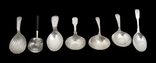 Seven George III/IV silver caddy spoons