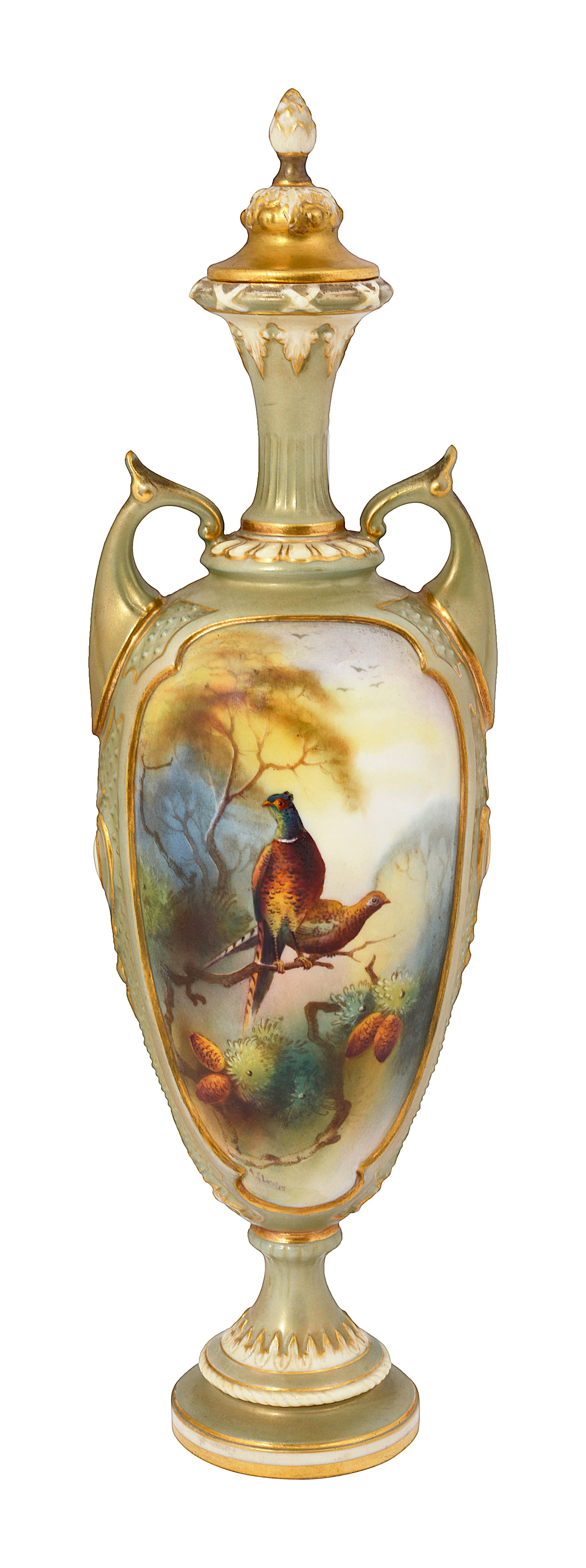 A Royal Worcester twin handled vase and cover painted by Arthur Lewis