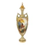 A Royal Worcester twin handled vase and cover painted by Arthur Lewis