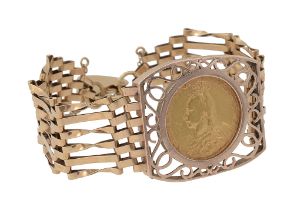 A 9ct gold full sovereign six bar gate bracelet