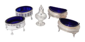A pair of George III silver salts, two other salts and a pepper caster