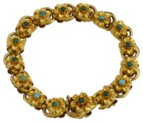 A yellow gold and turquoise-set flexible link bracelet