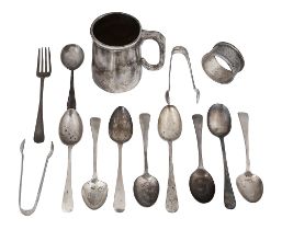 A George V silver mug and assorted teaspoons and other silver