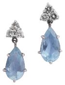 A pair of aquamarine and diamond-set ear pendants