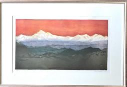 MOLLY DICKER, ETCHING/AQUATINT- EVEREST AND HIMALAYAS, 1990, APPROX 27 x 50cm