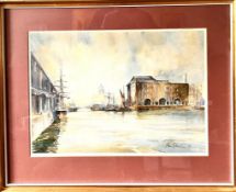 BRIAN ENTWISTLE, WATERCOLOUR, 'LOOKING TOWARDS CANNING DOCK TO ALBERT DOCK', FRAMED AND GLAZED,