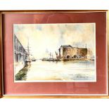 BRIAN ENTWISTLE, WATERCOLOUR, 'LOOKING TOWARDS CANNING DOCK TO ALBERT DOCK', FRAMED AND GLAZED,