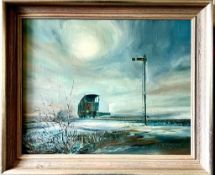 BRIAN ENTWISTLE, OIL ON CANVAS, 'WINTER SIGNAL', APPROX 39 x 50cm