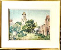 UNSIGNED WATERCOLOUR- 'STABLES AND BELL TOWER' POSSIBLY ISLE OF MAN, FRAMED AND GLAZED