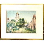 UNSIGNED WATERCOLOUR- 'STABLES AND BELL TOWER' POSSIBLY ISLE OF MAN, FRAMED AND GLAZED