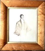 UNSIGNED WATERCOLOUR DEPICTING A FINELY DRAWN FIGURE OF A CLERIC, GLAZED WITHIN BIRDS EYE MAPLE,