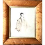 UNSIGNED WATERCOLOUR DEPICTING A FINELY DRAWN FIGURE OF A CLERIC, GLAZED WITHIN BIRDS EYE MAPLE,