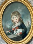 ENGLISH SCHOOL PASTEL- 'BOY WITH RABBIT', MID 18th CENTURY, OVAL FRAME, APPROX 30 x 23cm