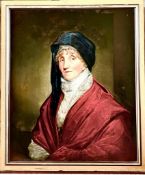 UNSIGNED OIL ON CANVAS PORTRAIT OF A SEATED WOMAN WITH LACE BODICE AND CAP AND RED SHAWL