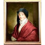 UNSIGNED OIL ON CANVAS PORTRAIT OF A SEATED WOMAN WITH LACE BODICE AND CAP AND RED SHAWL