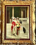 UNSIGNED OIL ON CANVAS, FRENCH SCHOOL- 'THE COURTING MUSKETEER', BEARS METAL PLAQUE GEORGE COEGAERT,