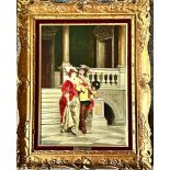 UNSIGNED OIL ON CANVAS, FRENCH SCHOOL- 'THE COURTING MUSKETEER', BEARS METAL PLAQUE GEORGE COEGAERT,