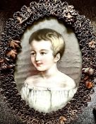 19th CENTURY MANX SCHOOL PORTRAIT OF A CHILD, PASTEL, LEATHER OVAL FRAME, APPROX 20 x 14cm