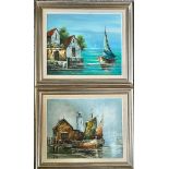 PAIR OF OIL ON BOARDS CIRCA 1970s DEPICTING BOATING SCENES, FRAMED AND GLAZED, APPROX 40 x 50cm