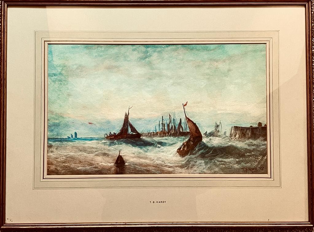 T B HARDY, WATERCOLOUR- 'RUNNING FOR THE HARBOUR', SIGNED AND DATED 1896 LOWER RIGHT, FRAMED AND