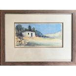 CHERYL COUSINS, FRAMED WATERCOLOUR OF A WHITE COTTAGE IN THE ISLE OF MAN, APPROX 14 x 28cm