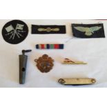 SUNDRY LOT INCLUDING RAF BADGE, LIVERPOOL POLICE WHISTLE, MILITARY COLLAR BADGES, TIE PIN ETC ALL IN