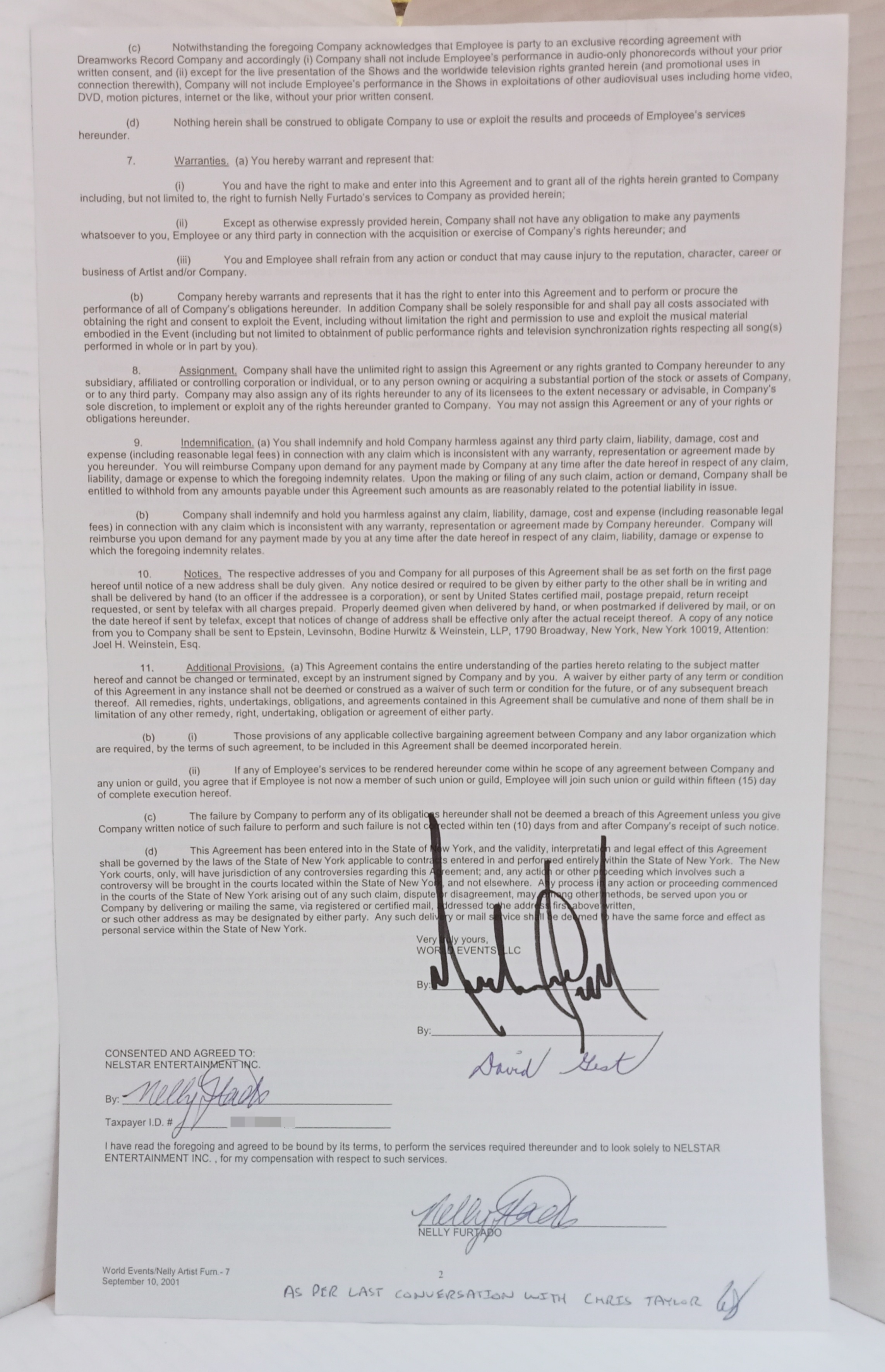 Contract for Michael Jackson 30th Anniversary Celebration The Solo Years, dated August 22nd 2001 - Image 2 of 4