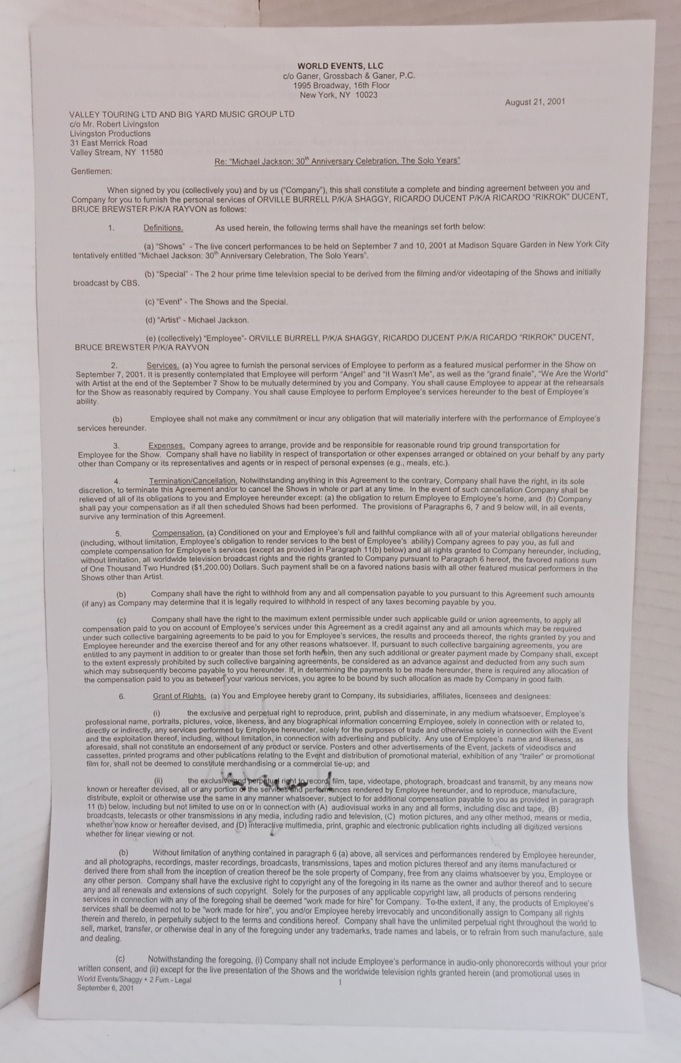 Contract for Michael Jackson 30th Anniversary Celebration The Solo Years, dated August 21st 2001