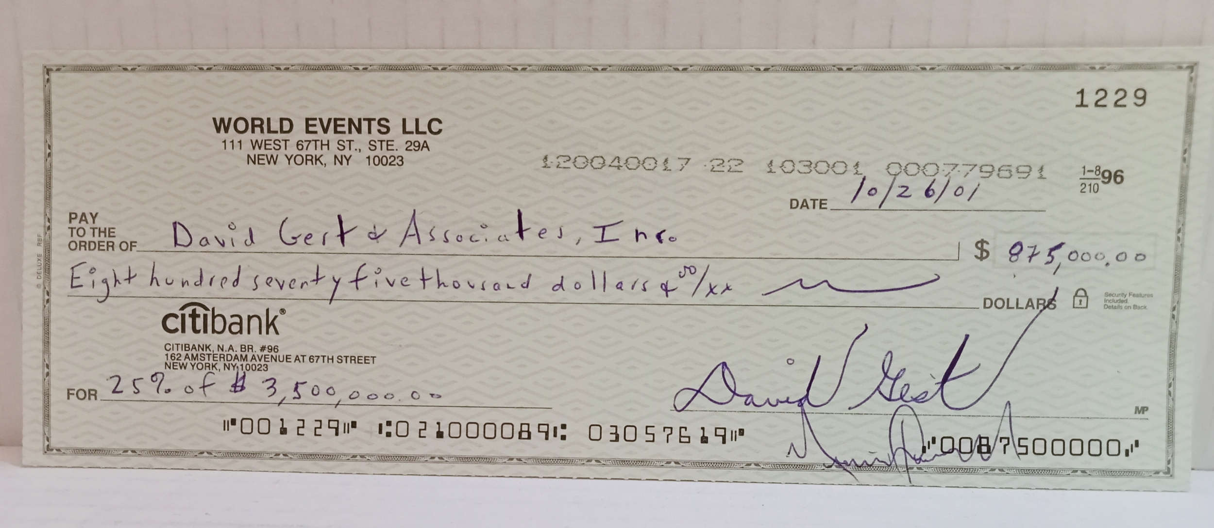 Cheque No 1229 dated 10/26/01 made out to David Gest Associates Inc. signed by David Gest counter