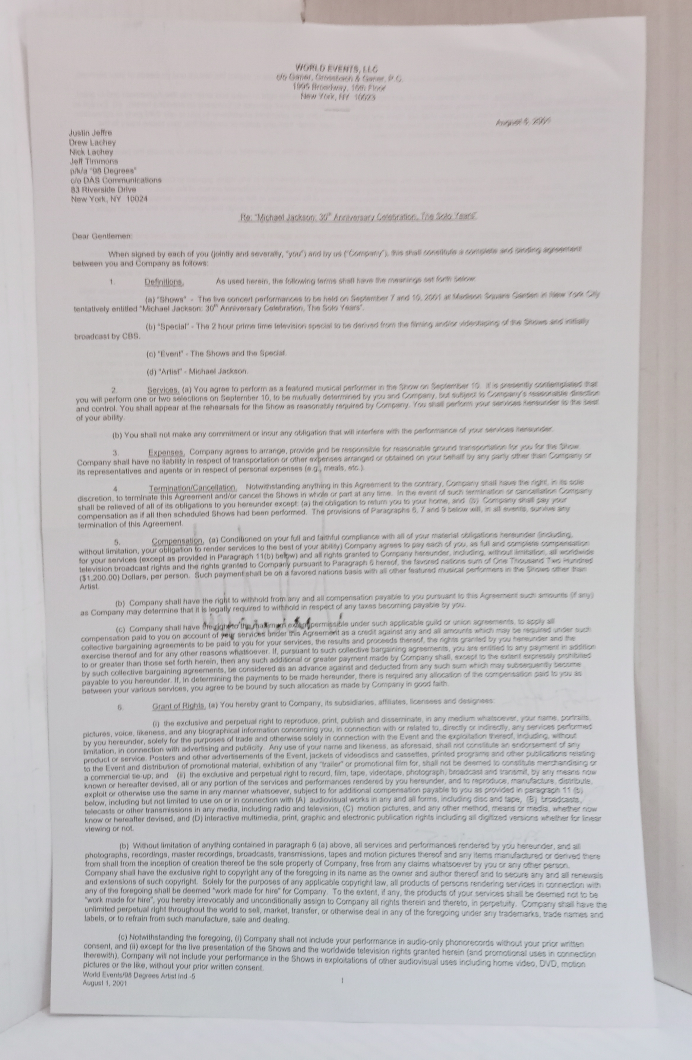 Contract for Michael Jackson 30th Anniversary Celebration The Solo Years, dated August 6th 2001