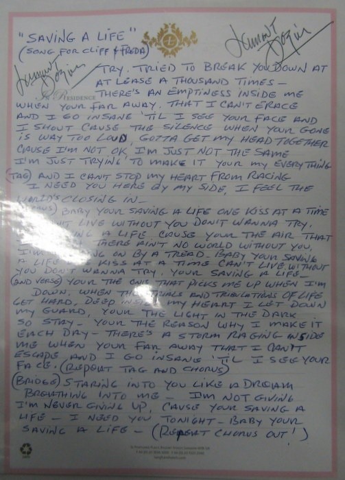 Lamont Dozier Handwritten lyrics for Saving A Life written for and recorded by Cliff Richard & Freda