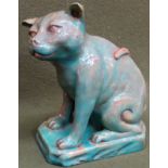 Della Robbia glazed ceramic seated cat, on plinth, stamped to underneath. App. 22cm H Both ears have