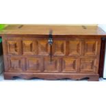 20th century oak blanket chest with hinged cover. App. 56cm H x 124cm W x 52cm D Reasonable used