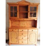 20th century pine kitchen dresser. App. 197cm H x 134cm W x 39cm D Reasonable used condition, scuffs