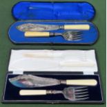 Two cased silver plated fish serving sets All in used condition, evidence of wear