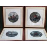 Set of 4 W. J. Shayer framed polychrome circular Hunting engravings. Approx. 44cms x 42cms all