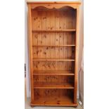 Set of pine open bookshelves. App. 183cm H x 89cm W x 28cm D Reasonable used condition, scuffs and