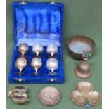 Sundry lot including cased small plated goblets, two Ireland pieces of brass, Isle of Man receiver