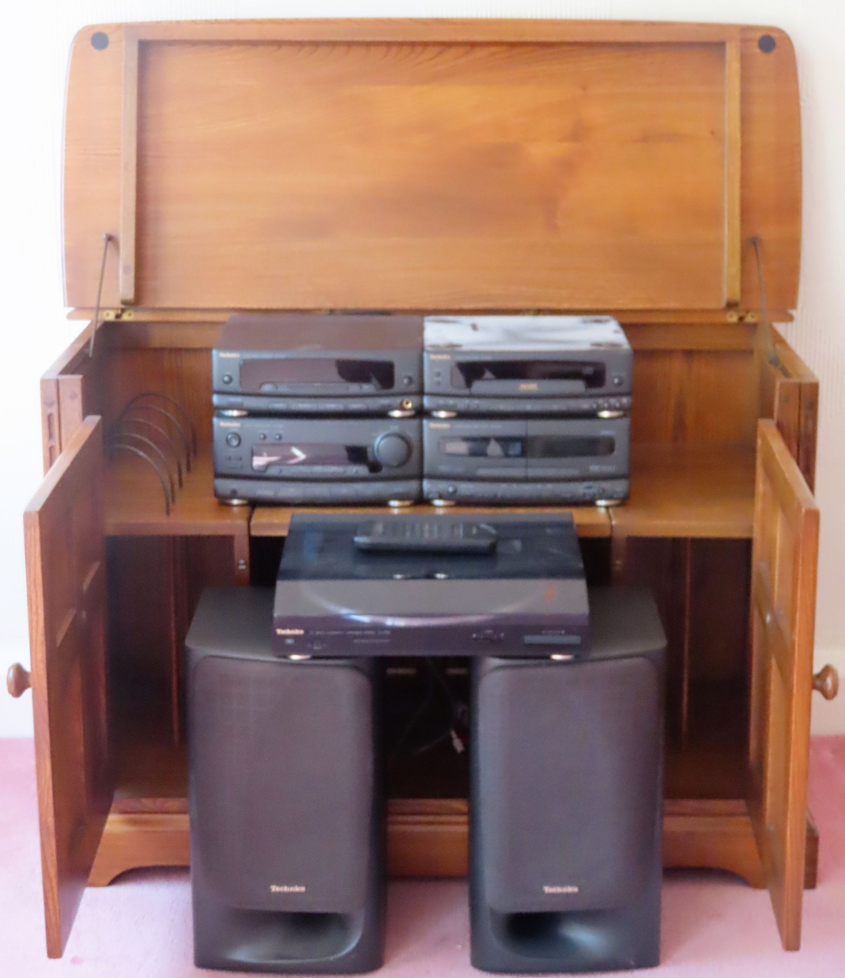 Technics stacking system, plus oak priory style media cabinet cabinet reasonable used condition.