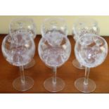 Set of six large Waterford stemmed drinking glasses. App. 20cm H All appear in reasonable used
